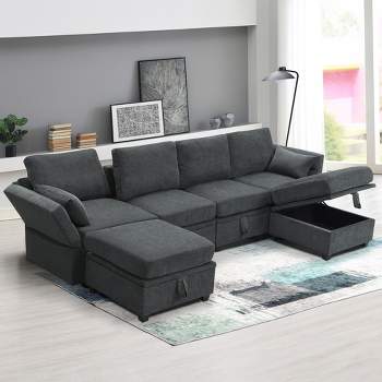 Chenille 6-Seater U-Shaped Sectional Sofa with Adjustable Arms, Backrest and Storage Seat - ModernLuxe