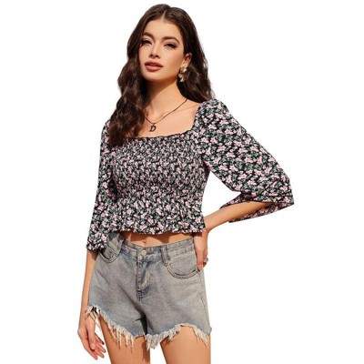 Coolmee Women's Floral Print Blouses 3/4 Sleeve Dressy Smocked Shirt Cropped Square Neck Crop Top