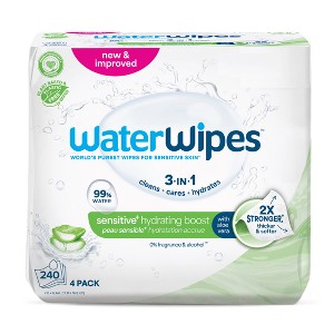 WaterWipes Sensitive+ Hydrating Boost Wipes, 3-In-1 Cleans, 99% Water with Aloe Vera, Unscented & Hypoallergenic Baby Wipes - 240ct - 1 of 4