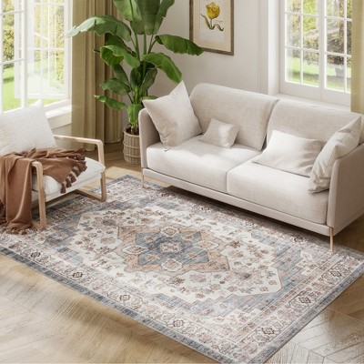 HOMCOM 4x6 Area Rug, Vintage Machine Washable Rug, Non-Slip Low Pile Carpet for Living Room, Bedroom, Dining Room, Home Office, Brown and Light Blue