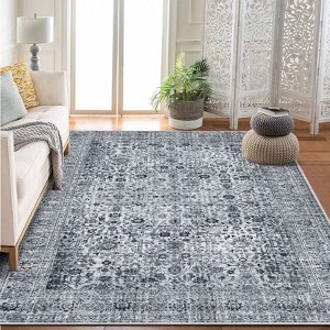 Boho Print Washable Rugs Non Slip Low Pile Vintage Floral Traditional Carpet for Living Room - 1 of 4
