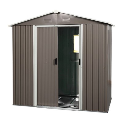 8x4 FT Metal Outdoor Storage Shed with Window & Foundation – Galvanized Iron, Weatherproof, Sliding Doors for Garden Tools & Equipment