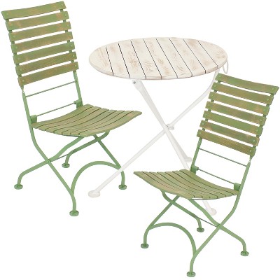 Sunnydaze Indoor/Outdoor Shabby Chic Café Chestnut Wood Folding Bistro Table and Chairs - Green - 3pc