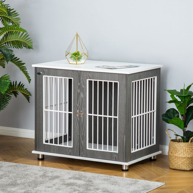 PawHut 34'' 2-in-1 Wooden Dog Kennel, Modern Wire Animal Crate, Pet Cage with Lockable Door and Foot Pads, for Small and Medium Dogs, Gray and White, 2 of 7
