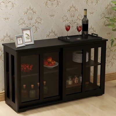 Kitchen Storage Cabinet With Doors And Adjustable Shelves, Elegant Black Sideboard Buffet With Glass Sliding Doors-The Pop Home