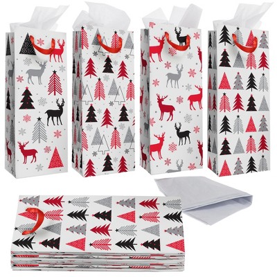 Bright Creations 12 Pack Christmas Wine Gift Bags with Tissue Paper, Christmas Tree and Reindeer
