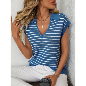 Women's V-Neck Sleeveless Knit Top Striped Collared Sweater for Casual Style - 1 of 4