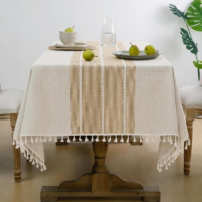 BRINJOY  Tablecloth Rectangle, Outdoor Waterproof Linen Cotton Farmhouse Table Cloths with Tassel 55 x 70 Inch, Coffee Lines