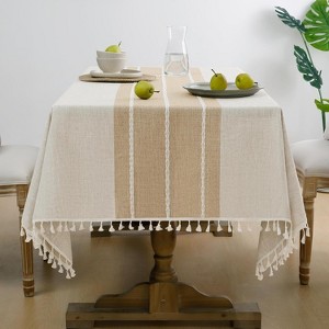 BRINJOY  Tablecloth Rectangle, Outdoor Waterproof Linen Cotton Farmhouse Table Cloths with Tassel 55 x 70 Inch, Coffee Lines - 1 of 4