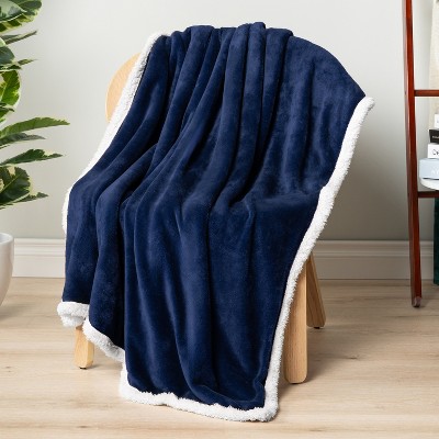 Navy Blue Sherpa Fleece Reversible Throw Blanket