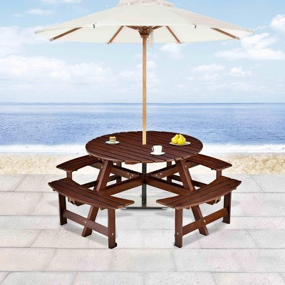 LOVSON 8-Person Outdoor Round Picnic Table Set with 4 Built-in Benches & Umbrella Hole - Perfect for Garden, Backyard, Porch & Patio - Brown Wood