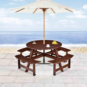 LOVSON 8-Person Outdoor Round Picnic Table Set with 4 Built-in Benches & Umbrella Hole - Perfect for Garden, Backyard, Porch & Patio - Brown Wood - 1 of 4