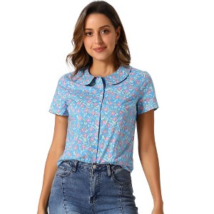 Allegra K Women's Summer Peter Pan Collar Button Front Vintage Floral Print Blouse - 1 of 4