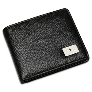 Men's leather and stainless steel Our Father english prayer wallet. Color Option: Silver, Gold - 1 of 3