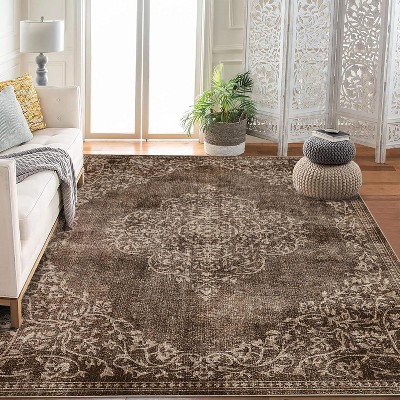 Acekool Floral Area Rug Machine Washable Non-Slip Low-Pile Soft Medallion Vintage Carpet
