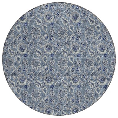 Denim Blue And Navy Blue Floral Washable Indoor Outdoor Area Rug