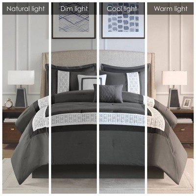 California King Dark Grey Microfiber Embroidered Comforter Set