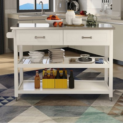 Kitchen Cart With Stainless Steel Counter Top, 2 Drawers, Rolling Kitchen Cart On Wheels With 2 Opening Shelves
