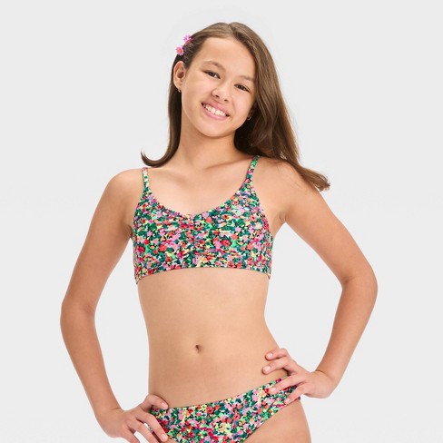 Girls' 'Sun Seeker' Floral Printed Bikini Swim Top - art class™ Green XS