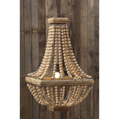 Elegant Black Cage Chandelier with Natural Wood Beads