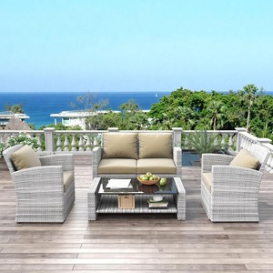 ELJGET 4 Pieces Patio Furniture Sets, All Weather Outdoor Sectional Patio Sofa, Wicker Rattan Patio Seating Sofas with Cushion and Glass Table - 1 of 4