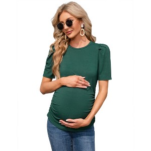Short Sleeve Solid Color Tight Pleated Maternity Top - 1 of 2