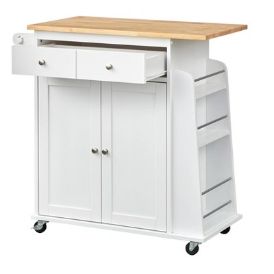 White Wood Kitchen Cart with Spice Rack and Storage