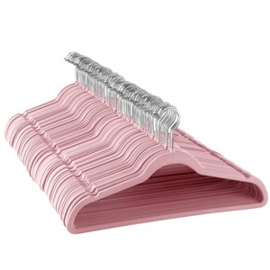 Elama Home 100 Piece Velvet Slim Profile Heavy Duty Felt Hangers with Stainless Steel Swivel Hooks in Pink - 1 of 4