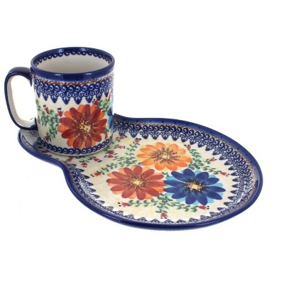 Blue Rose Polish Pottery Autumn Burst Breakfast Plate with Mug