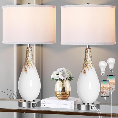 ROTTOGOON 27.5" Table Lamp Set of 2 Modern Art Glass Bedside Lamp Touch Control 3-Way Dimmable USB Ports Handcrafted White Drum Shade 2-Pack