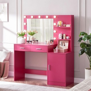 Vanity Desk with Mirror and Lights, Dressing Table with 2 Open Shelves, 2 Drawers, 1 Makeup Stool 10pcs Lighting Bulbs for Dressing Room - 1 of 4
