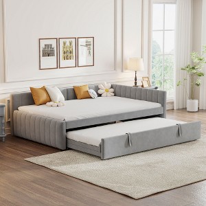 Full Size Upholstered L-Shaped Daybed with Twin Pop-Up Trundle, Striped Velvet Sofa Bed Frame, Beige/Gray - ModernLuxe - 1 of 4