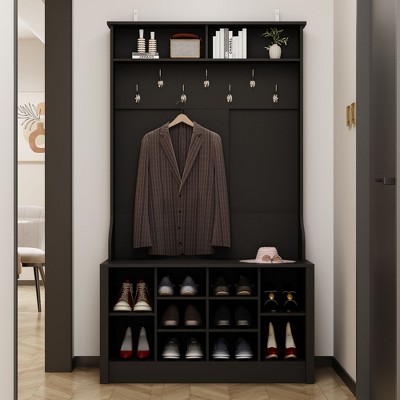 FUFU&GAGA White Wood 3-in-1 Hall Tree Entryway Cabinet Shoe Bench with Hooks and Shelves