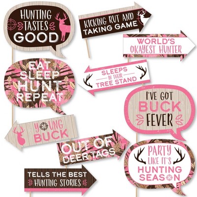 Big Dot of Happiness Funny Pink Gone Hunting - Deer Hunting Girl Camo Baby Shower or Birthday Party Photo Booth Props Kit - 10 Piece