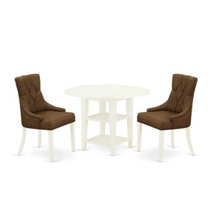 HomeStock 3-Piece Linen White Finish Round Solid Wood Top with Dropleaf Dining Table Set - 1 of 4