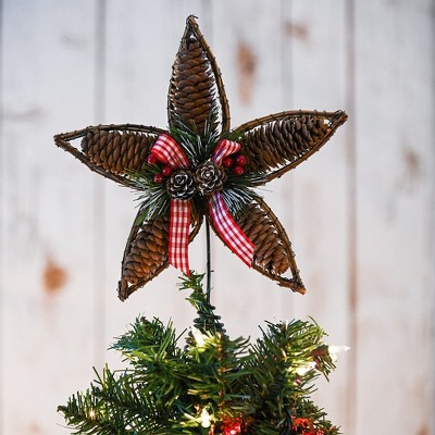 Rustic Rattan Pinecone Star Tree Topper with Holly and Berries