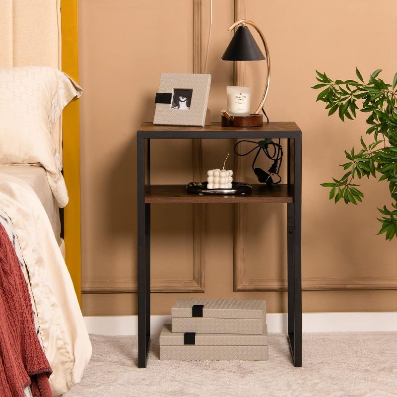 Tangkula Industrial Side Table End Table w/Drawer and Metal Frame Rustic Slim Night Table Portable Nightstand, 3 of 10
