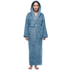 Arus Women's Turkish Terry Cotton Hooded Robe, Full Length Long Bathrobe with Hood - 1 of 4