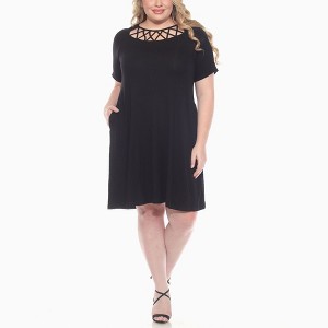 Plus Size Short Sleeve Criss-Cross Neck A-Line Dress-White Mark - 1 of 4