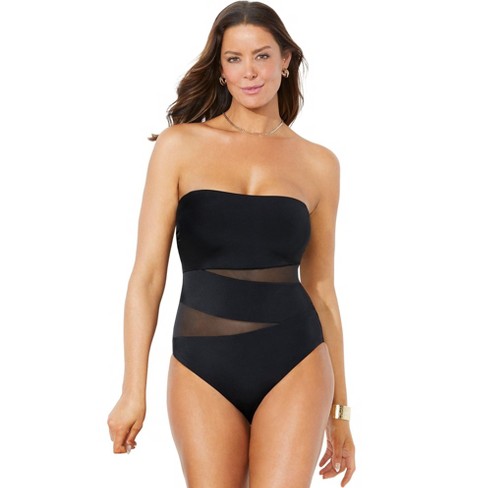 Swimsuits for All Women's Plus Size Mesh Wrap Bandeau One Piece Swimsuit -  8, Black