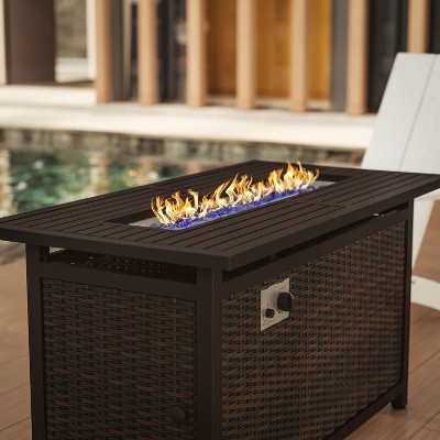 Black and Espresso Wicker Gas Fire Pit Table with Steel Top