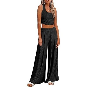Ekouaer Women's Pajamas 2 Piece Lounge Set Ribbed Knit Loungewear Sleeveless Tank Top Wide Leg Pants - 1 of 2