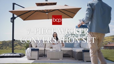 Gray and Navy 7-Piece Outdoor Wicker Sectional Set with Cushions