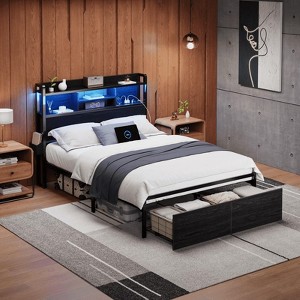 Furnulem Full Size LED Light Bed Frame with Storage Headboard and USB Ports Bed Platform with Drawers RGB Lights - 1 of 4