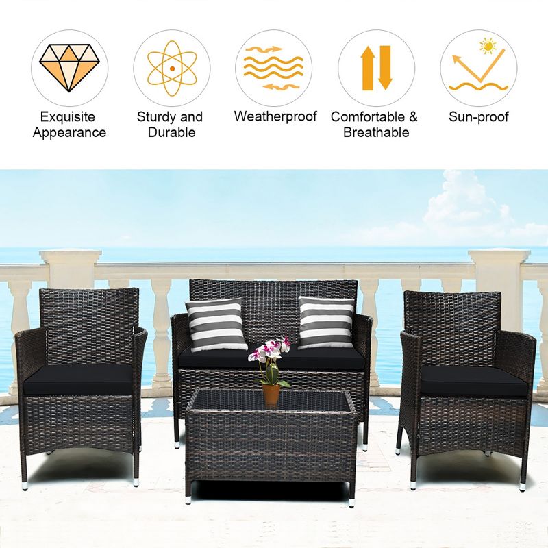 Costway 4PCS Rattan Patio Furniture Set Cushioned Sofa Chair Coffee Table, 5 of 11