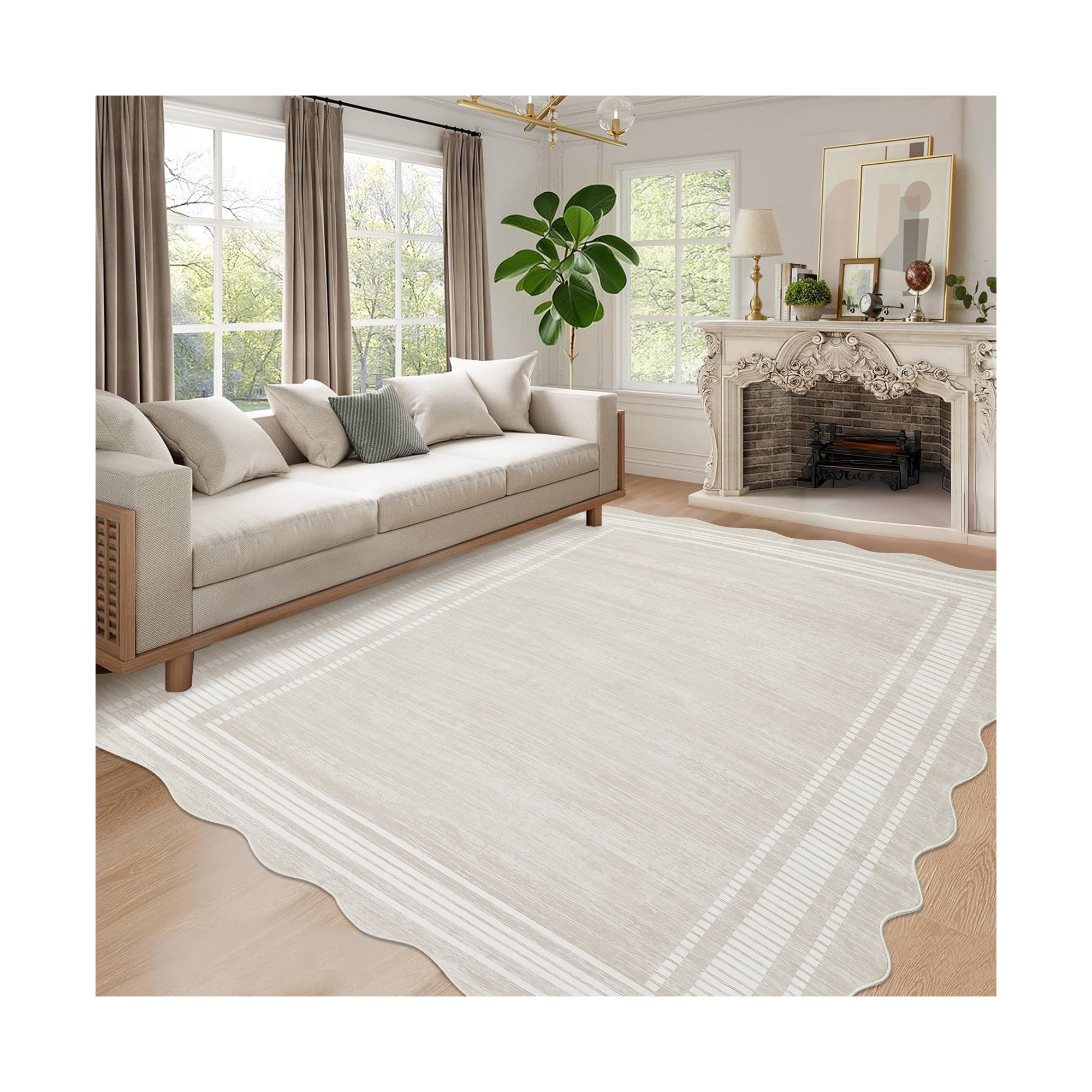 Modern Scalloped Bordered Area Rug, Washable Accent Rugs for Living Room Bedroom, Soft Non-Slip Low Pile Carpet Home Decor