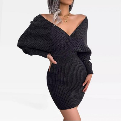 Sweater Dress for Women V Neck Batswing Sleeve Off Shoulder Surplice Dress Rib Texture Stretchy Knit Sweater Dress Elegant Bodycon Mini Dress