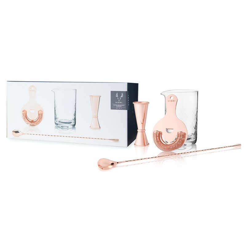 Viski Barware Tool Set | Includes Double Jigger, Mixing Glass, Hawthorne Strainer, Weighted Barspoon, 4 piece bar essentials, copper, 1 of 11