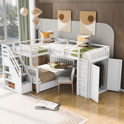 NicBex Twin-Twin over Full Loft Bed Triple Pine Bed Frame with Wardrobe, Drawers, Storage Stairs and Guardrail, No Box Spring Required