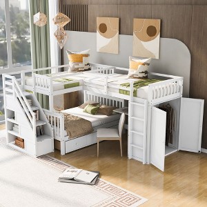 NicBex Twin-Twin over Full Loft Bed Triple Pine Bed Frame with Wardrobe, Drawers, Storage Stairs and Guardrail, No Box Spring Required - 1 of 4